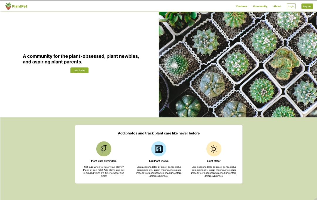 screenshot of project plant pet homepage